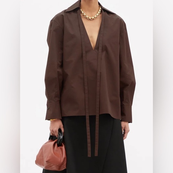 Jill Sander Tie-neck Organic-cotton Poplin Brown Blouse Long Sleeve V Neck - Picture 1 of 8